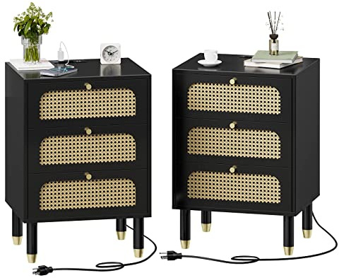 LEADZM Rattan Nachttisch 2er Set mit Ladestation, Nachttische 3 Schubladen 2er Set, Boho Endtisch/Beistelltisch, Rattan Nachttisch für Schlafzimmer (2, Schwarz)