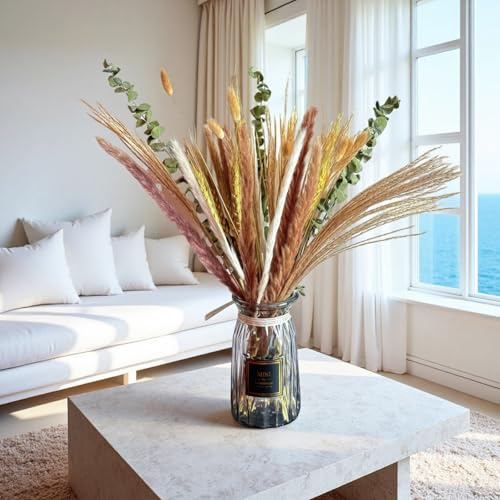 Hierba de la Pampa Decoración, 53 Piezas Flores Secas Naturales, Eucalipto, Flor de Caña, para Salón, Decoración Flores Artificiales, Hogar, Boda, Bricolaje, Mesa de Comedor