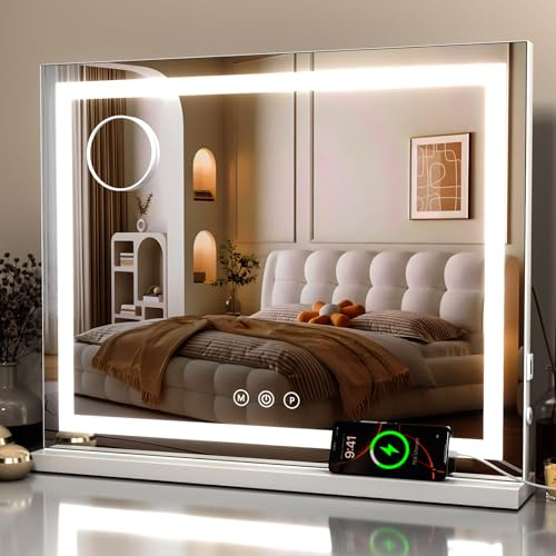 Oule GmbH Schminkspiegel mit Beleuchtung 80x60cm, LED Kosmetikspiegel mit 3 Lichtmodi, Dimmbar, 10X Vergrößerung & USB-Anschluss, ideal für Schlafzimmer & Schminktisch (Lichtband 80×60 cm)