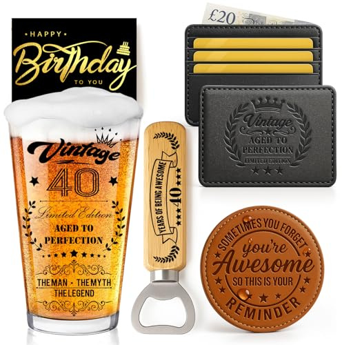 Joybble Mens Gift Set, 40th Birthday Gifts for Men, Personalised Beer Glass with Card Holder, 40th Birthday Decorations for Him, Beer Glasses Gift Ideas for 40 Years Old Dad, Valentine Fun Present