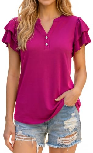 Enmain Camicetta Rosa Donna Estive Casual Camicie con Scollo a V e Volant a Maniche Corte Lavoro Blusa con Bottoni L