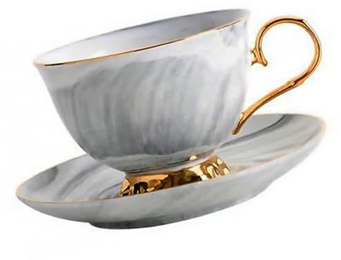 Hoement Tasse à Café en Céramique Nordique 250 Ml avec Motif Marbre Gris et Anse Dorée, Soucoupe Assortie, Mug à Lait Élégant, Ensemble pour Thé, Espresso et Boissons Chaudes, Présent