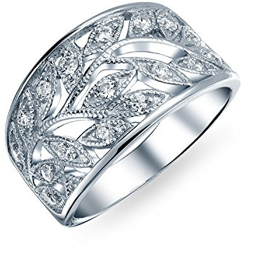 Boho Pave Cubic Zirconia Open Filigree Wide Leaves Leaf Band Ring For Women .925 Sterling Silver 7 MM