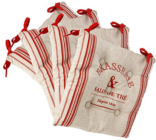 ATMOSPHERA CREATEUR D'INTERIEUR Set aus 4 Sitzkissen mit Befestigung - 40 x 40 cm - Bistrot-Stil - Farbe LEINEN und ROT