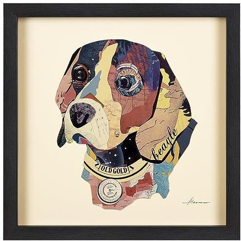 Empire Paintball Beagle, dimensionale Kunst-Collage, handgefertigt von Alex Zeng Gerahmte Grafik Hund Wandbild, Papier, Glas, Holz, 43,2 x 43,2 cm