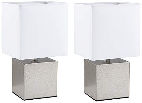 MiniSun | Pair of Modern Brushed Chrome Cube Design Touch Dimmer with a White Fabric Light Shade - Complete with 5w LED Dimmable Candle Bulbs | Table Lamps & Home Improvements Essential