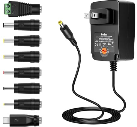 Belker 36W Universal 3V 4.5V 5V 6V 7.5V 9V 12V AC DC Adapter Power Supply for LCD LED Light Strip Router HUB Speaker Smart Phone TV Box 1A 1.5A 2A 2.5A 3A 3000mA Amp Max.