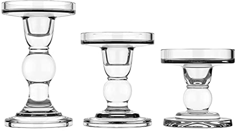Lewondr Glass Candle Holders, 3 Pieces Crystal Clear Candlesticks With Elegant Design for Pillar Taper Candle and Tea light, Home Table Living Room Wedding Party Decorations Home Décor - Clear