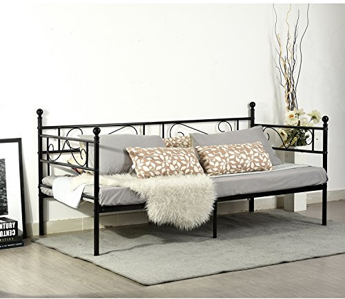 IPOTIUS Schwarz Tagesbett Einzelbett Metallbett Bettgestell mit Lattenrost,Schlafsofa Bettrahmen Kinderbett Gästebett Jugendbett,Geeignet für 90x190cm Matratze