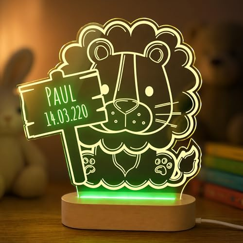 CHRISCK design Löwe Schlummerlicht LED Lampe aus Acrylglas mit Holzsockel | Nachtlicht Kinder mit individueller Gravur | Tolles Geschenk für Kinder zB Geburt Taufe Geburtstag Mädchen Jungen