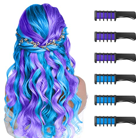 6 Stück Haarkreide Kamm Temporäre Färben HaarfarbeKamm Auswaschbar Ungiftig Perfektes für Mädchen Erwachsene Party Geschenk Halloween Erntedankfest Weihnachten Neujahr Cosplay(Violett+Blau)