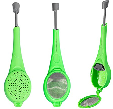 VEIREN 3 Pieces Long-Handled Tea Filters Plastic Tea Infuser Fime Mesh with Built-in plunger Reusable Two Sides Strainers for Loose Tea/Coffee/Tea Bag/Herbal/Spice Portable Teaware Accessories, Green