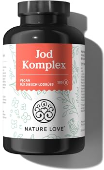 NATURE LOVE® Jod Komplex für die Schilddrüse - 180 Kapseln - mit Jod, Selen, L-Tyrosin, Vitamin B & D - Alternative zu Jod Tabletten - 6 Monate Reichweite - hochdosiert, vegan & laborgeprüft