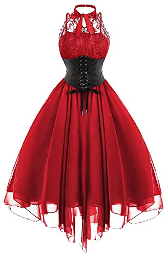 Damen Ärmelloses Gothic Spitzenkleid 80er Jahre Fasching Korsett Halfter Spitze Swing Cocktail