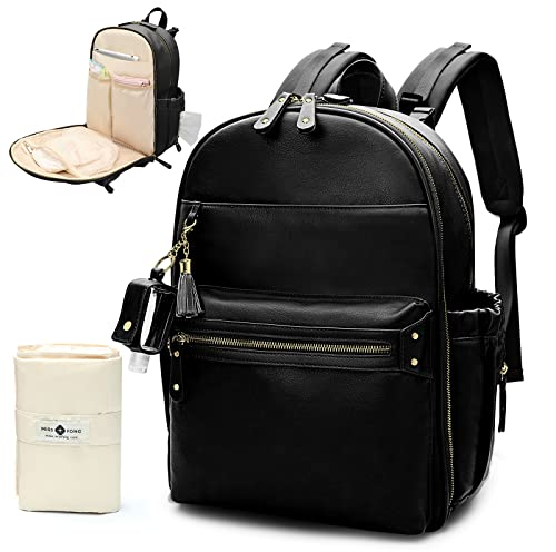 MISS FONG Wickelrucksack Wickeltasche Rucksack Leder, Große Kapazität Baby Wickelrucksack mit Reiseflaschen Schlüsselbund, Schlüsselbundflaschen, Wickelunterlage und Kinderwagen Haken-Schwarz