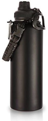 Volhoply 1200ml Isolato Borraccia Termica con Moschettone e Cinturino in Paracord,Bottiglia in Acciaio Inox con Manico, Bottle a Doppia Parete,Bottiglie Sportive per Scuola,Lavoro(Nero,1 set)