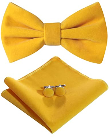 HOULIFE Ensemble nœud papillon pour homme – Nœud papillon réglable en velours pré-noué, mouchoir uni, boutons de manchette pour marié, mariage formel avec boîte cadeau, jaune, M