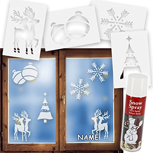 alles-meine.de GmbH Set: Schneespray Dose + 8 große Schablonen Vorlagen - Weihnachtsmotive - inkl. Name - 23 cm - Kunstschnee Schneebild - für Fensterbilder Fenstersticker - z.B...