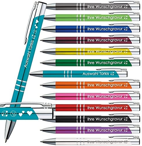Generisch 25x Kugelschreiber mit Gravur | Emojis Gravur möglich | 13 Farben Auswahl | Personalisierter Werbekugelschreiber mit Wunschgravur | PS174 (Türkis, 25 Stück)