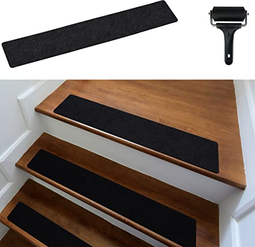 cocofy Treppenstufen Matten modern 15er Set, 60x12 cm groß Filz selbstklebend | Stufenmatten innen 15 Stück Teppich Treppenstufen Treppenteppich selbstklebend Treppen Teppichstufen schwarz