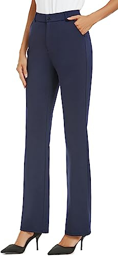 iChosy Women's Stretchy Straight Leg Dress Work Pants Business Office Casual Slacks with Pockets Navy 14 Short