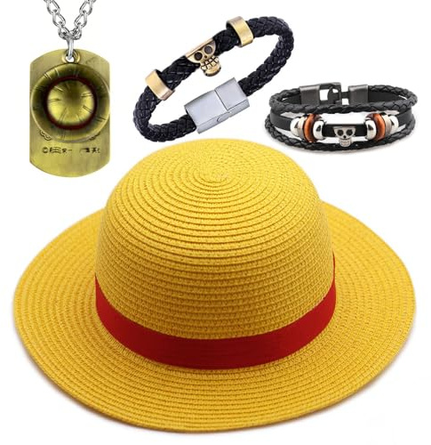 YouU Cappello di paglia per cosplay, costume da festa per uomini e donne, spiaggia, sole, cappello di paglia Luffy, collana, bracciali, gioielli anime, adesivi One P., 24 pezzi