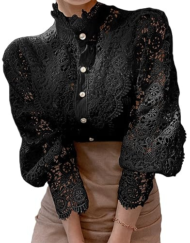 ORANDESIGNE Camicia in Pizzo Donna Autunno Camicia Elegante Collo Alto Shirt Pizzo a Manica Lunga Maglietta Formale Camicia Maniche a Sbuffo Casual Leggera Camicetta Lace Blusa A Nero 3XL