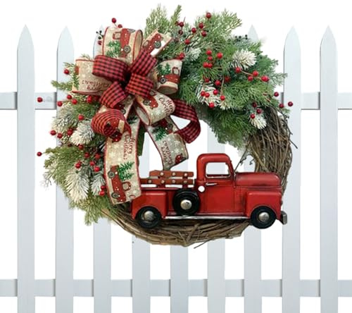 Fulenyi Couronne de Noël avec Camion Rouge - Couronne réaliste et Artistique pour Porte d'entrée, décoration saisonnière pour Porte d'entrée, Garage, Patio, Balcon, Salon, Ferme