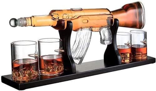 Redsack - Set decanter per whisky bianco, 1000 ml, AK47, Big Pistol, decanter per whisky, con 4 tazze a proiettile per vodka, rum, vino, tequila, brandy, set di bicchieri, base in legno e confezione