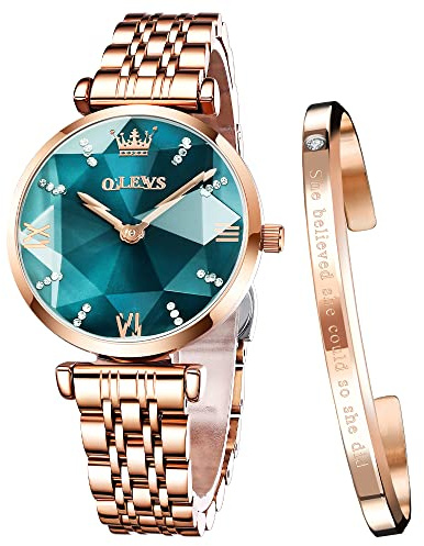 OLEVS Damenuhren Roségold Diamant Kleines Gesicht Edelstahlarmband Wasserdicht Analoge Quarz Armbanduhren Armreif Geschenke Set