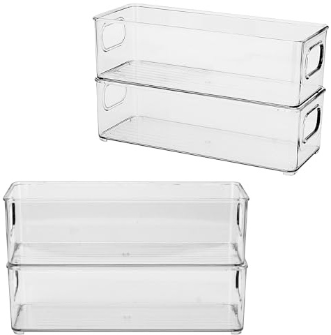 CHUEN Kylskåpsförvaring, stapelbar set om 4, kylskåpslåda med handtag, skafferi, förvaringsbehållare för kök, köksskåp, skåp, skrivbord, 25,5 x 10 x 7,6 cm, klar