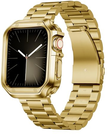 BINLUN Compatible with Apple Watch Strap 49mm for Men, Matte Stainless Steel Metal Watch Band with Polished Finish TPU Watch Case Compatible with iWatch Series Ultra/Ultra 2 (Gold)