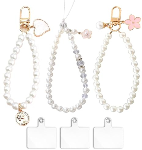FOSDICK 3 PCS Bijoux De Téléphone, Dragonne en Perlée, Lanière avec 3 Onglets d'Attache, Chaine Portable (Blanc)