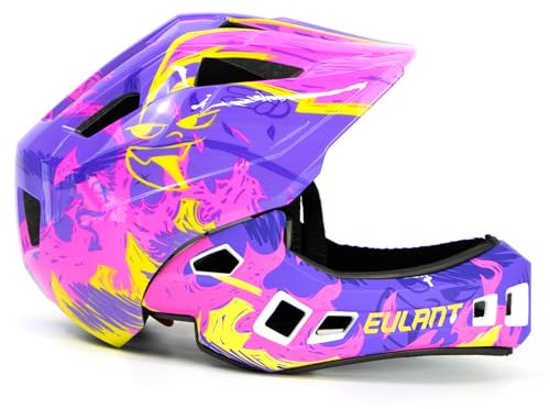 EULANT Fahrradhelm mit Kinnschutz für Kinder und Jugendliche,Jungen Integralhelm für MTB BMX Downhill Cross, EIN-Knopf-Entfernen Kinnschutz & Hinterer Einsteller,Kopfgröße 52-56cm (5-10 Jahre)