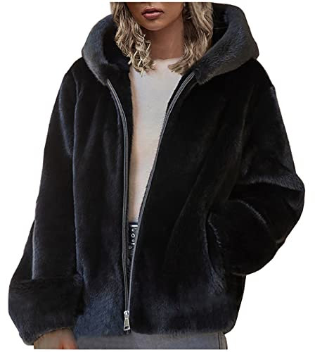 Komiseup Fleecejacke Damen, Winterjacke Damen Lange Winter Pelzmantel Elegant Kunstpelz Jacke Offener Front Wintermantel Dick Plüschjacke mit Kapuze Warme Kunstfell Oberbekleidung Faux Pelz Coat 30