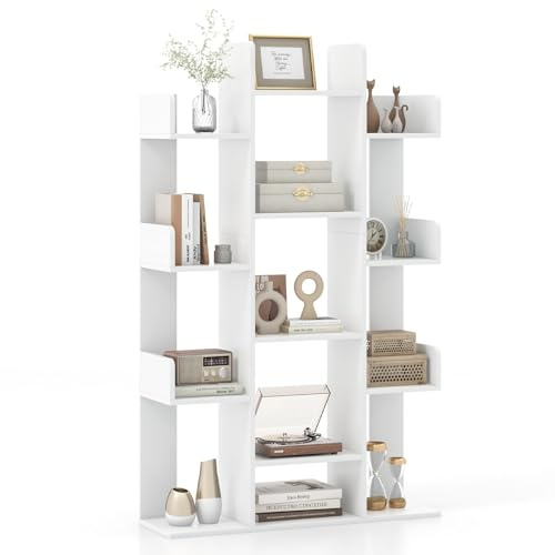 COSTWAY Libreria a Forma di Albero, Scaffale Multiuso con 13 Ripiani Aperti, Scaffale Decorativo Autoportante a Cubo per Soggiorno Studio o Ufficio, 86x24,5x141 cm (Bianco)
