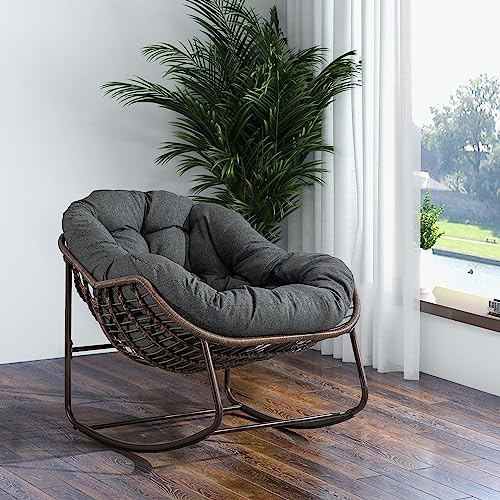 OC Orange-Casual Schaukelstuhl, Ei Schaukelsessel mit dickem Kissen,Rattan Relaxsessel für Balkon,Garten,Hinterhof (Dunkelgrau)
