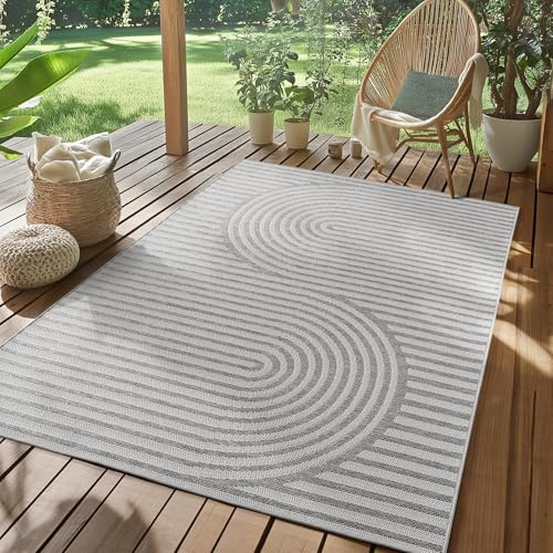 SIMPEX Outdoor Teppich Grau 120x170 cm Wetterfest UV-beständig Pflegeleicht Skandinavisches Boho Design für Küche Balkon Terrasse Garten Wohnzimmer