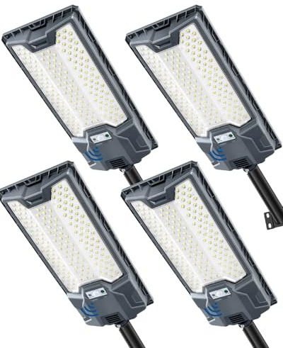 Sararoom 4Pack 400w Solaire Exterieur Lampadaire - 153 LED DéTecteur de Projecteur LED Jardin Lampe avec TéLéCommande 6500k Blanc Froid IP65 Impermable Réverbères Solaire Pour Rue Garage Éclairage