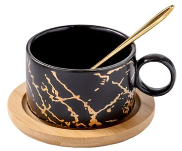 MYKAGS Tazza da cappuccino in ceramica da 180 ml con piattino in legno, moderna tazza da caffè con motivo marmo nero, set di tazze da tè, ideale per cappuccino, latte, americano e tè