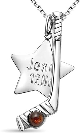 Personalisiertes Geschenk für Eishockeyspieler, Herren, Jungen | Eishockey Schläger Kette 925 Silber mit Bernstein & Gravur | Inkl. 45cm Venezianer Kette & Stern-Gravurplatte