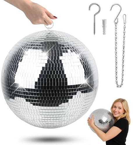 Bola de discoteca 40 cm bola disco, gran bola de espejos con anilla de suspensión, reflexión 360° para decoración de fiestas boda cumpleaños club DJ, plata