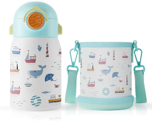 Fjbottle Borraccia per bambini con cannuccia, senza BPA, a prova di perdite, 400 ml, facile da aprire, chiusura sicura, coperchio flip con un clic, borraccia ecologica in Tritan per bambini