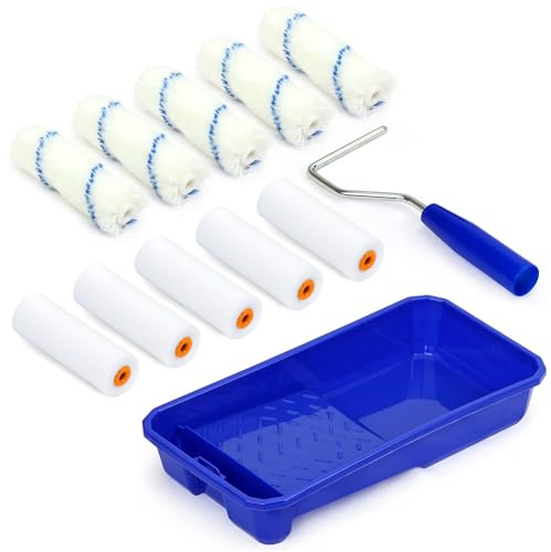 MOPUBZO 10cm Farbroller Set inkl. Griff, 5x Schaumstoff Farbroller + 5x Baumwoll Bürstenköpfe, Schaumstoff mit Hoher Dichte, verwendet mit den meisten Farben, für Malerei und Renovierung