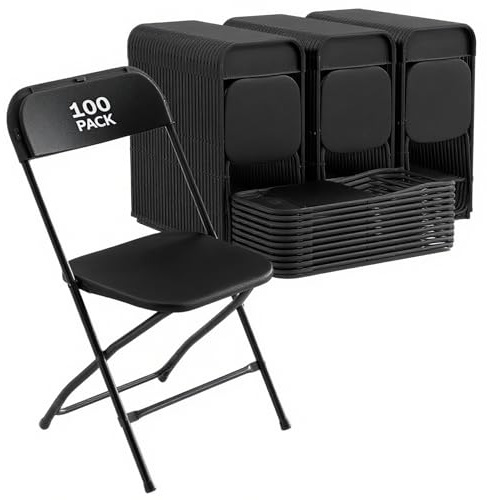 VISTACASA 100 Pack Black Plastic Folding Chair for Indoor Outdoor, 350 lb Capacity, Foldable Commercial Stacking Chairs with Steel Frame for Office Wedding Party Events