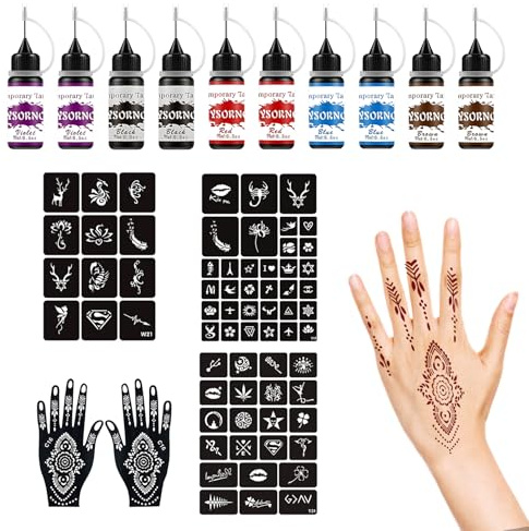 Set de alheña con 10 botellas de tinta, 67 piezas de plantillas y kit de mano de plantillas de alheña para color DIY tatuajes falsos, para tatuajes temporales DIY para diseños de tatuajes creativos
