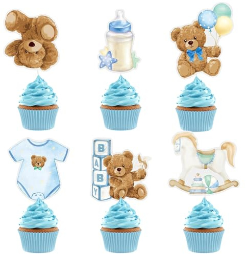 36 Pcs Bear Cupcake Toppers, Baby Shower Bear Cupcake Toppers, Bear Cupcake Decor, Bear Cake Toppers for Kids Boys Girls Birthday Party Cake Decorations Supplies, Blue