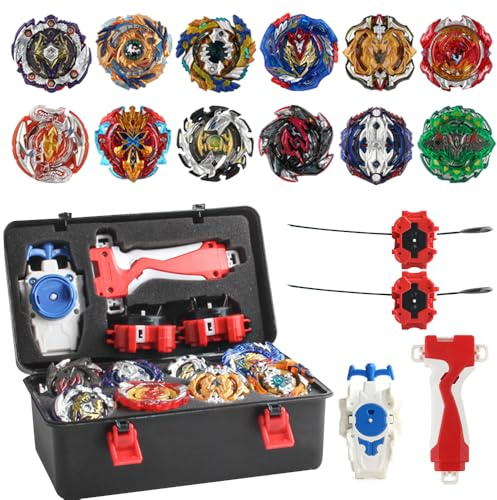 Rakuker Toupie Bay Burst, 12 Pièces Toupie Bay Metal Fusion, TOU-Pie Burst Turbo avec Lanceur, Cordon Starter, Poignée, Boîte de Rangement, Bay Bur-St Surge pour Journée Enfants,Noël,Anniversaires