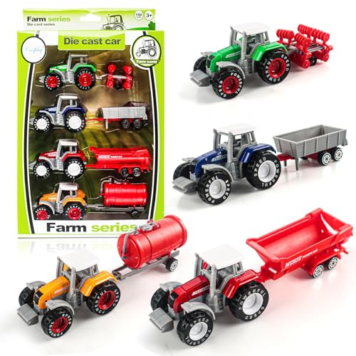 Phlognfy Set di trattori per bambini, trattore giocattolo, verde/giallo/blu/rosso, cabina rimovibile, per bambini dai 4 anni in su, per giocare in interni ed esterni