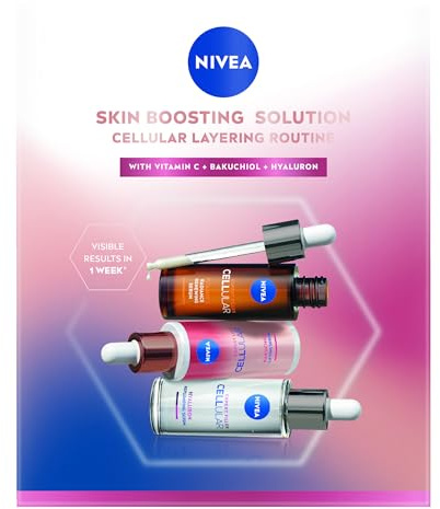 NIVEA Cellular Skin Boosting Solution Kit de soin du visage avec sérum à la vitamine C, sérum hyaluronique et sérum visage Bakuchiol pour un effet lift efficace (3 x 30 ml)